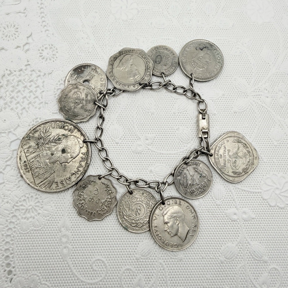Vintage Foreign Silver Tone Coin Charm Bracelet 1920s-1940s 6.5"